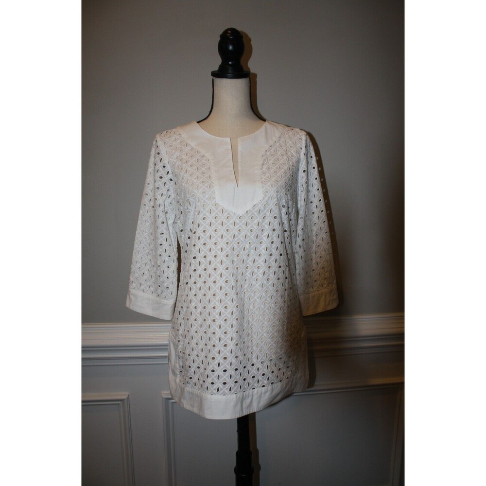 MICHAEL KORS White Cotton Eyelet Top 3/4 Sleeve Blouse Coverup Size 6 Tunic